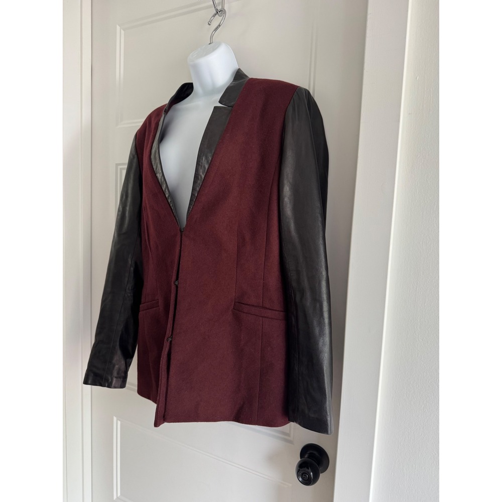 Danier Womens Italian Leather Sleeve Wool Blend Blazer Burgundy Black Medium - Picture 3 of 11